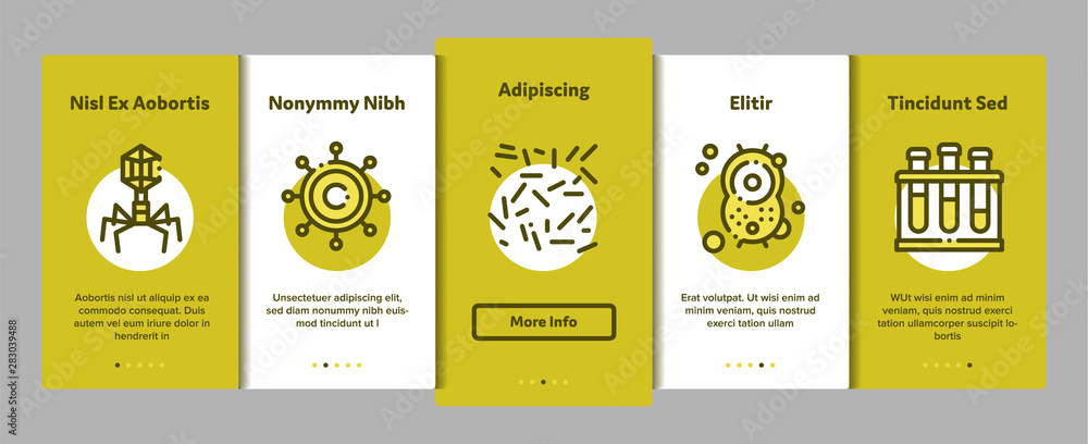 Poster collection pathogen vector onboarding mobile app page screen. pathogen bacteria microorganism, micro