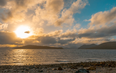 Islands and Sea with Sunset in the Background
