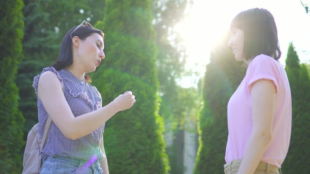 Two young deaf-mute women communicate using sign language in the park close up