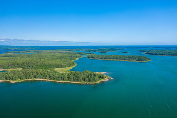 Aerial view of Aland Islands at summer time. Finland. The Archipelago. Photo made by drone from above. Nordic Natural Landscape.