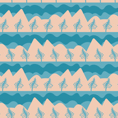 A seamless vector pattern with mountain landscape in cold teal and beige. Surface print design.