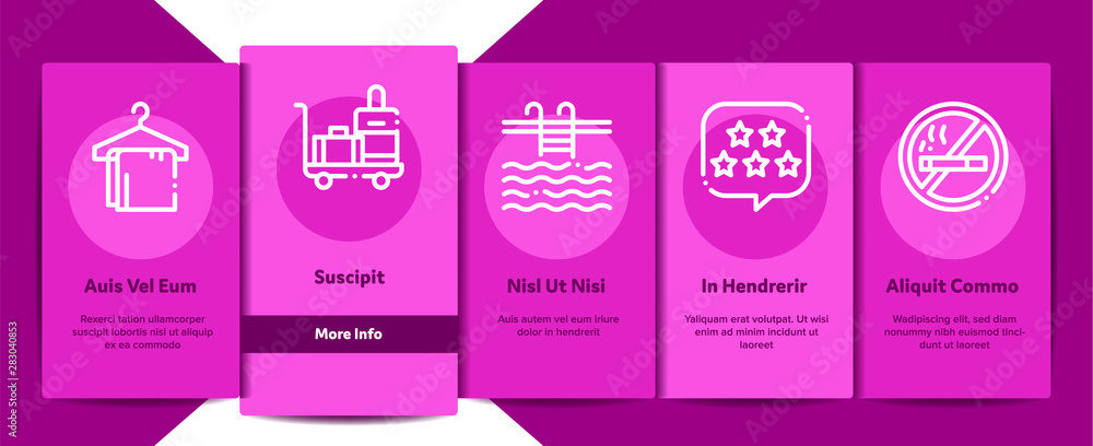 Aufkleber collection hostel vector onboarding mobile app page screen. building hostel and location, calendar a