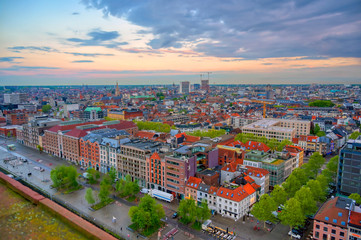 An aerial view of Antwerp, Belgium at sunset.