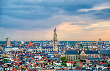 Obraz premium An aerial view of Antwerp, Belgium at sunset.