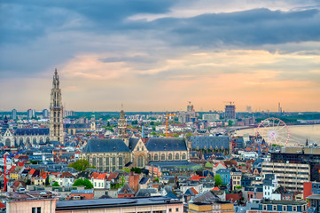 Naklejka premium An aerial view of Antwerp, Belgium at sunset.