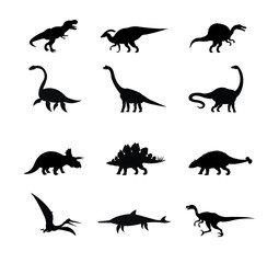 Vector black set collection of dinosaur silhouette isolated on white background