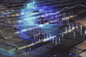 Financial chart hologram with abstract background. Double exposure. Concept of market analysis