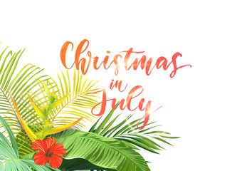 Christmas on the summer beach design with green palm leaves and tropical hibiscus flowers, vector illustration.