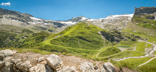Panoramic mountain landscape in Tirol, Austria with a glacier in the background