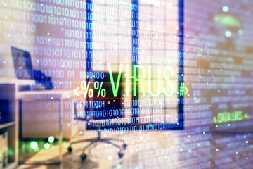 Cyber piracy hologram with minimalistic cabinet interior background. Double exposure. Hacking concept.