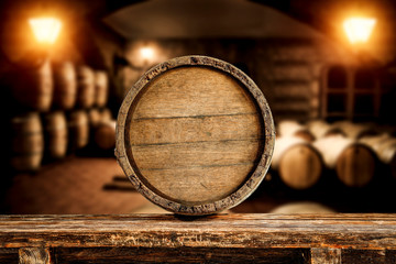 Old wooden barrel in a cellar