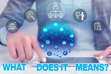 Text sign showing What Does It Means question. Business photo text asking someone about meaning something said and you do not understand Female human wear formal work suit presenting presentation use