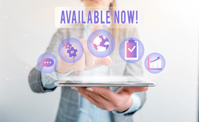 Writing note showing Available Now. Business concept for you can find it obtain or operable at this...