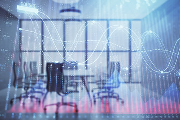 Multi exposure of stock market graph on conference room background. Concept of financial analysis