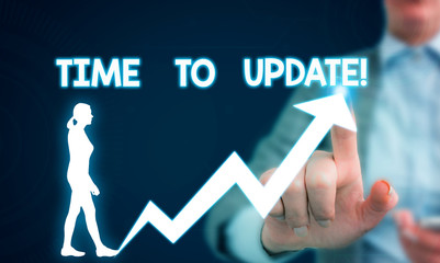 Text sign showing Time To Update. Business photo showcasing act updating something someone or updated version program Female human wear formal work suit presenting presentation use smart device