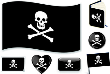 Pirate flag. Vector illustration. 3 layers. Shadows, flat flag, lights and shadows.