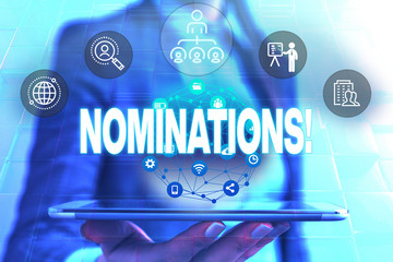 Conceptual hand writing showing Nominations. Concept meaning action of nominating or state being...