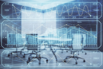 Multi exposure of stock market graph on conference room background. Concept of financial analysis