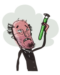 A scientist holds a flask. Dangerous chemicals! Vector illustration