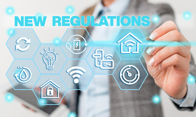 Word writing text New Regulations question. Business photo showcasing rules made government order to control way something is done Female human wear formal work suit presenting presentation use smart