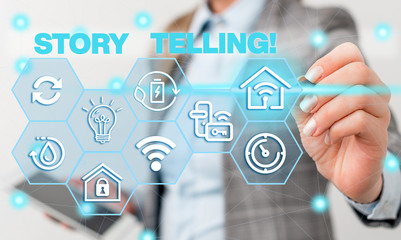 Word writing text Storytelling. Business photo showcasing activity writing stories for publishing them to public Female human wear formal work suit presenting presentation use smart device
