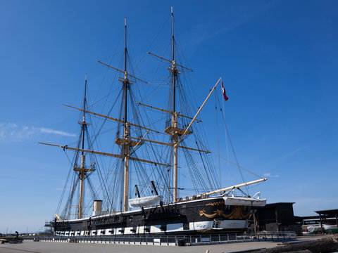 Ebeltoft, Denmark - May 1, 2017: Wooden frigate Jylland at the museum dedicated to her. Jylland is one of the world's largest wooden warships and is both a screw-propelled steam frigate and a sailship