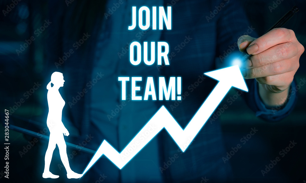 Aufkleber writing note showing join our team. business concept for inviting someone into your local group or c