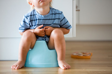 Little toddler boy, sitting on potty, playing with wooden toy