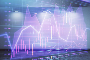Double exposure of financial graph on empty room interior background. Forex market concept.