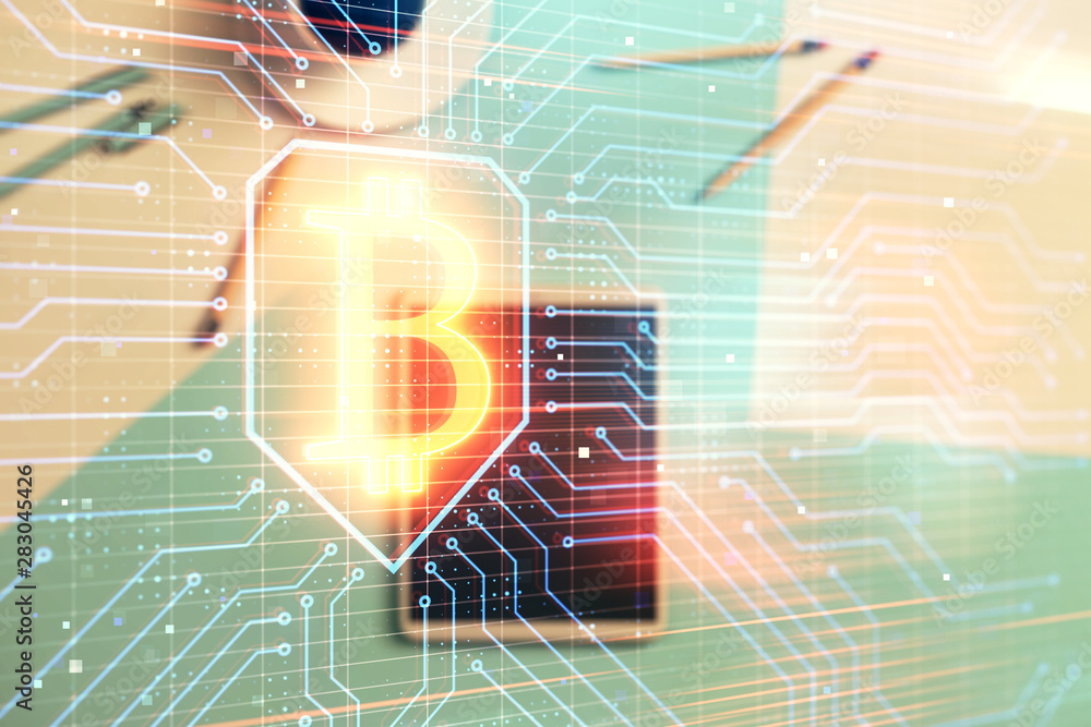 Aufkleber double exposure of bitcoin drawing on digital tablet on the table background. concept of blockchain