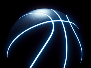 3D Rendering of futuristic neon basketball sitting in darkness
