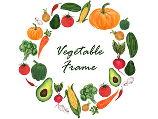 watercolor illustration of different organic fresh salad mediterranian vegetables foods avocado, cucumber, tomatoes, artichoke, carrot, onion frame banner wreath