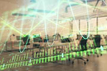 Stock and bond market graph with trading desk bank office interior on background. Multi exposure. Concept of financial analysis