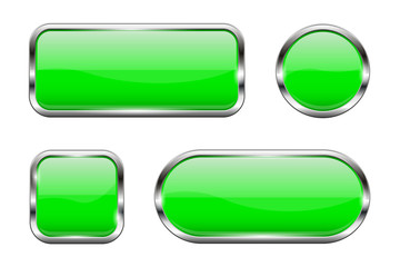 Green glass buttons. Set of 3d shiny icons with chrome frame