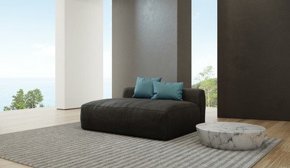 Sea view living room of luxury beach house with sofa on wooden floor. Black concrete wall background in vacation home or holiday villa. Hotel interior 3d illustration.