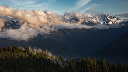Olympic mountains draped in clouds at sunset, Olympic National Park, Washington