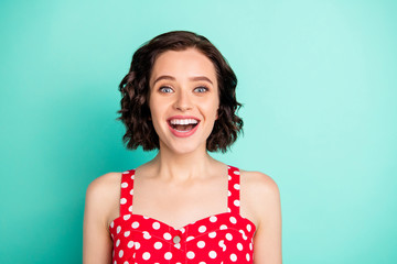 Close up portrait of overjoyed rejoicing gorgeous funny funky charming girlfriend who cannot help...