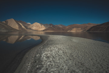 Fototapeta premium Lake in valley with mountains and blue sky background, Himalaya mountains in India
