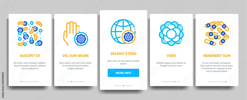 Poster collection bacteria germs vector onboarding mobile app page screen. unhealthy tooth and dirty hands,