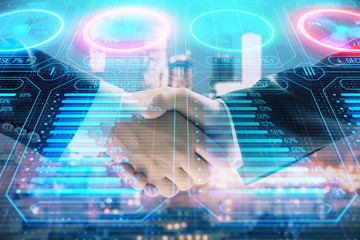 Double exposure of business theme drawing on cityscape background with handshake. Concept of partnership