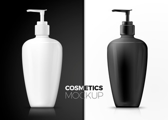 Vector set - 3d realistic pump bottles, standing on the table, isolated on black and white backgrounds with reflection.  Mock-up for product package branding.