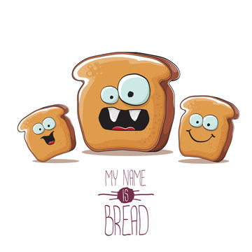 vector funky cartoon bread character with friends isolated on white background. funky food bakery kids characters set or collection