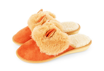 Slippers in the shape of a Fox with ears isolated on a white background, women's or children's indoor clothing, cute fluffy fur slippers home