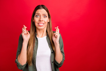 Photo of unhappy terrified girl about to faint out of fear seeing something sinister while isolated...