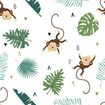 Cute safari background with monkey,leaves.Vector illustration seamless pattern for background,wallpaper,frabic.include wording wild and free.Editable element
