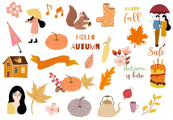 Autumn object collection with pumpkin,squirrel,man,woman.Illustration for sticker,postcard,invitation,element website.Included hello autumn and happy fall wording