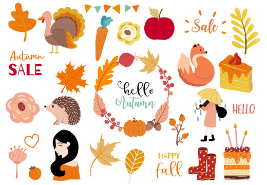Autumn object collection with pumpkin,fox,turkey,acorn,leaves.Illustration for sticker,postcard,invitation,element website.Included autumn sale and happy fall wording