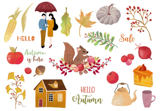 Autumn object collection with apple,squirrel,acorn,leaves.Illustration for sticker,postcard,invitation,element website.Included hello autumn and autumn is here wording
