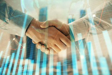 Double exposure of financial chart and world map on cityscape background with two businessmen...