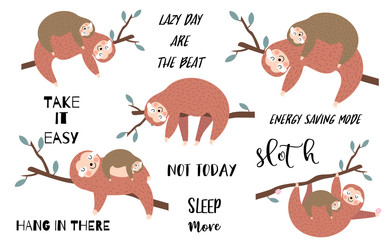Lazy sloth object set with branch,sleep,hanging. illustration for logo,sticker,postcard,birthday invitation.Include Not today,let's hang out wording.Editable element © piixypeach